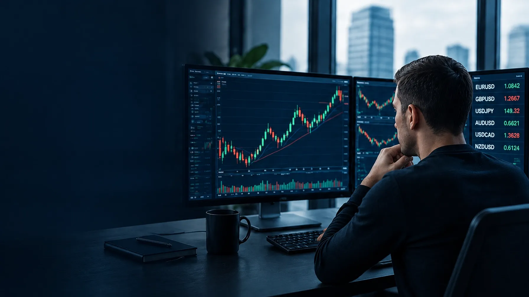 Trader reviewing live Forex charts at a multi-screen desk